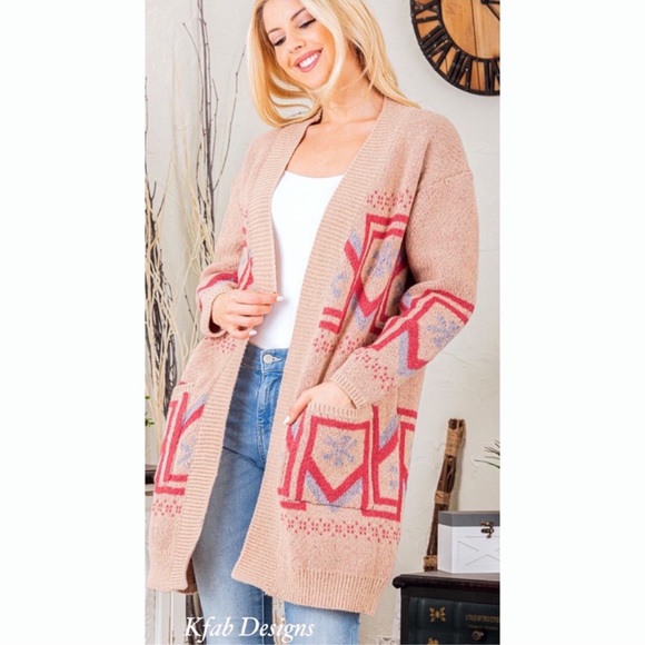 B29S🤎💗Luxury look+feel tan Southwest print cardigan w/pink +blue trim details - Picture 6 of 13
